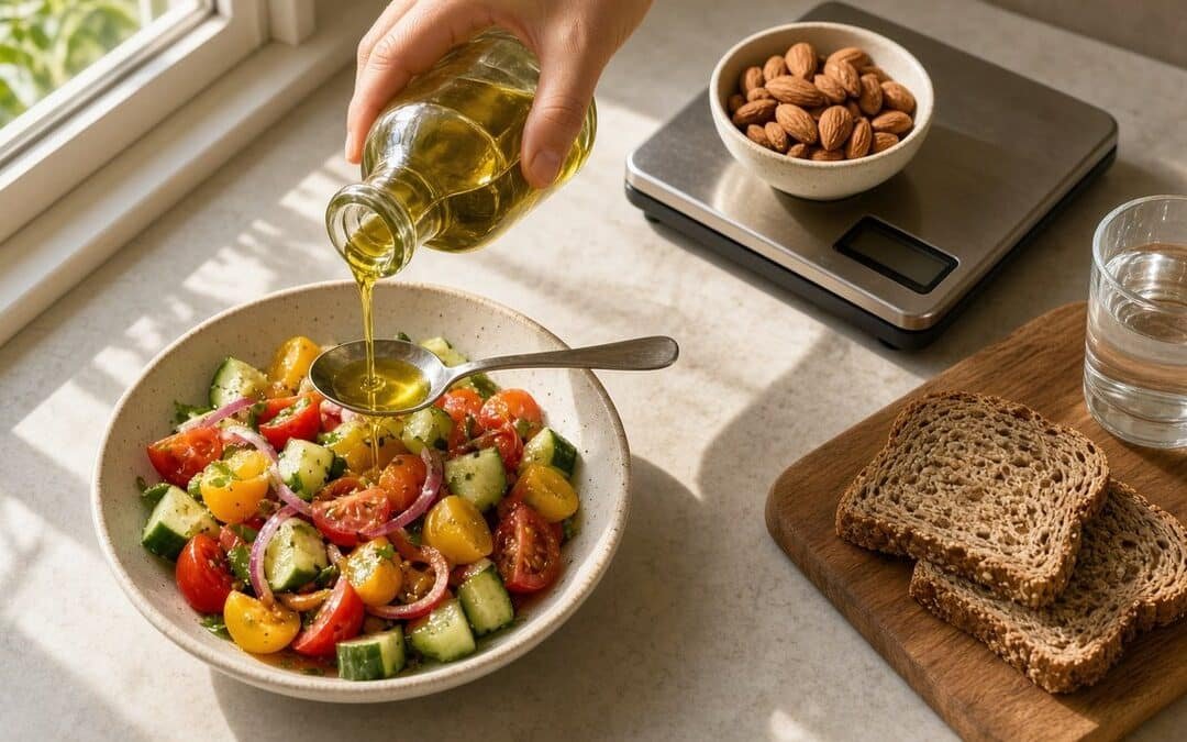 A measured tablespoon of olive oil beside almonds and bread, common hidden calories behind a Mediterranean diet plateau