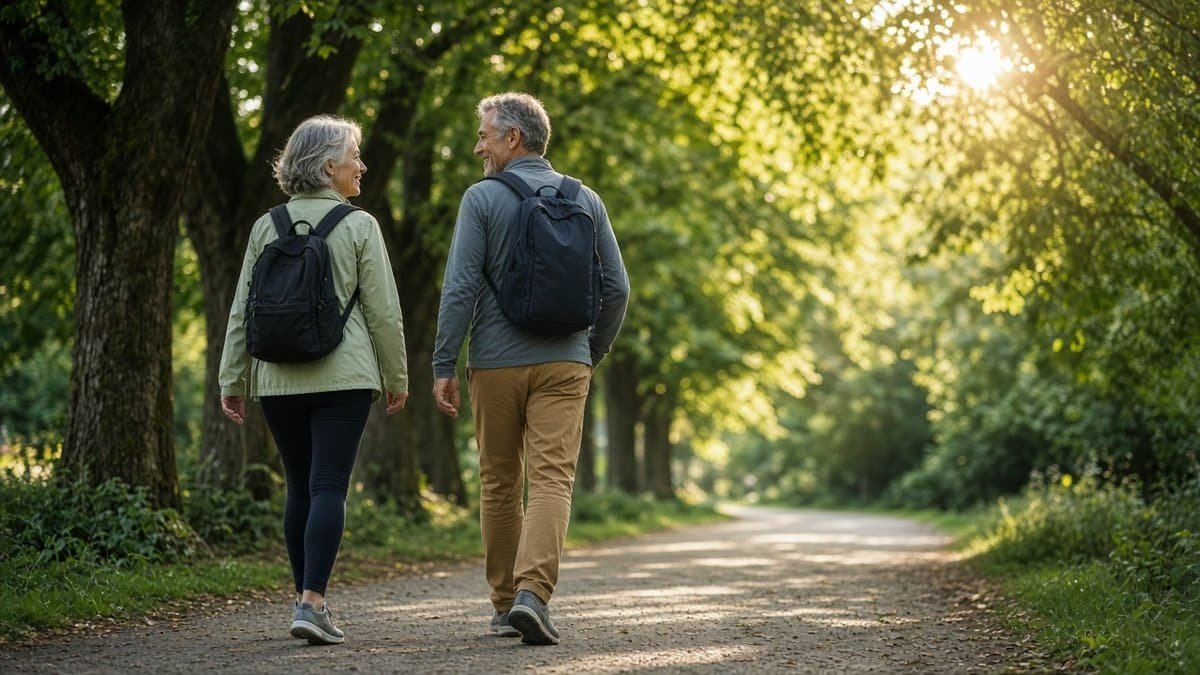 Couple in their early 60s taking a brisk walk along a leafy path, an easy way to get the scale moving again
