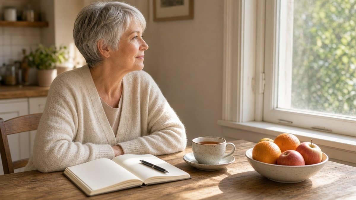Woman in her late 50s pausing at a kitchen table with a blank notebook and fresh fruit while thinking about her weight plateau