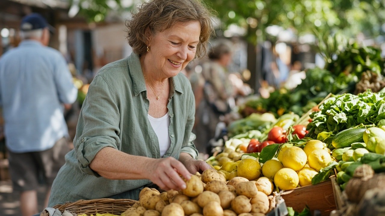 Woman choosing fresh potatoes and lemons at a sunny farmers market