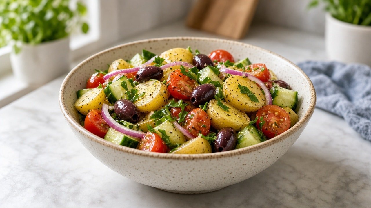 Mediterranean potato salad with cherry tomatoes, cucumber, kalamata olives and parsley