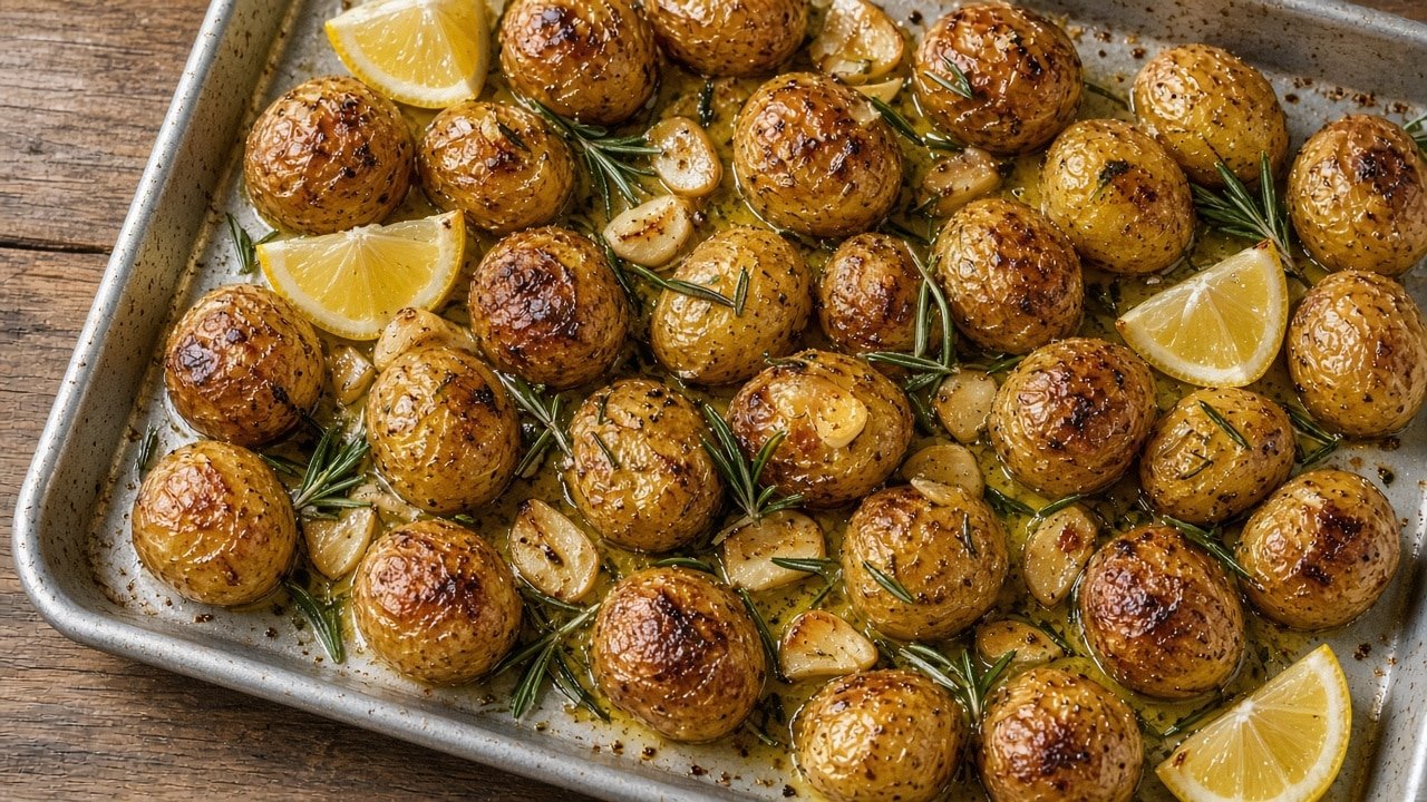 Baking tray of golden roasted baby potatoes with rosemary, garlic and lemon wedges