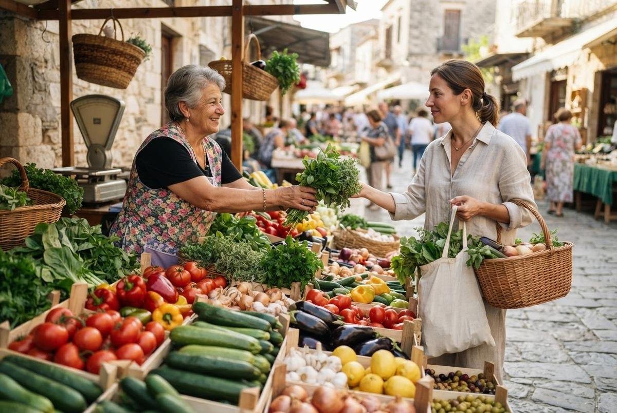 Vendor handing fresh herbs to a customer at a market stall piled with tomatoes, peppers, cucumbers and onions