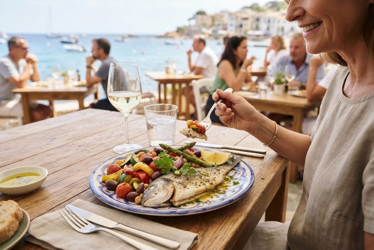 Smiling woman eating grilled fish with roasted vegetables, olives and lemon at a seaside restaurant table