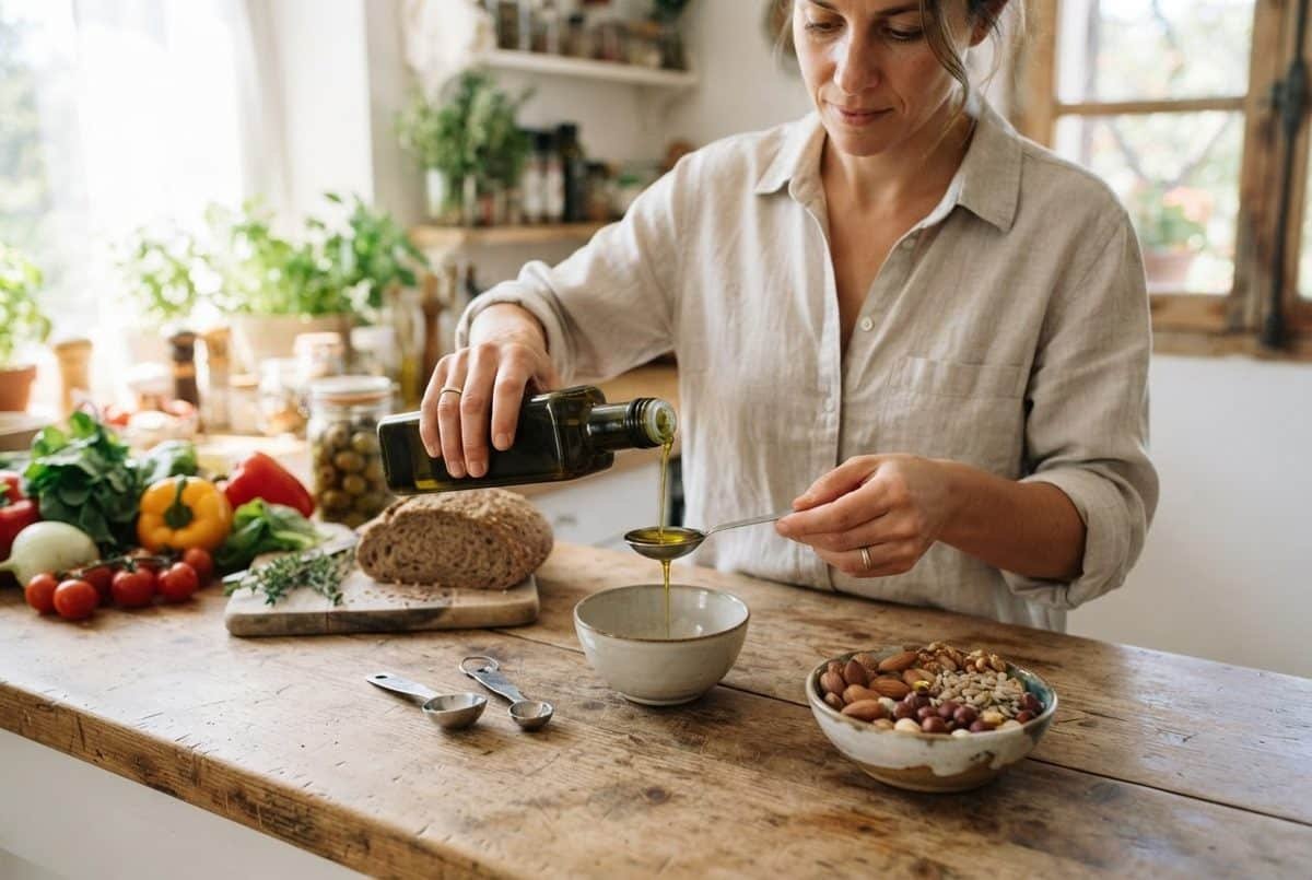 Woman pours olive oil from a bottle into a measuring spoon over a bowl; nuts, bread and vegetables on a wooden table