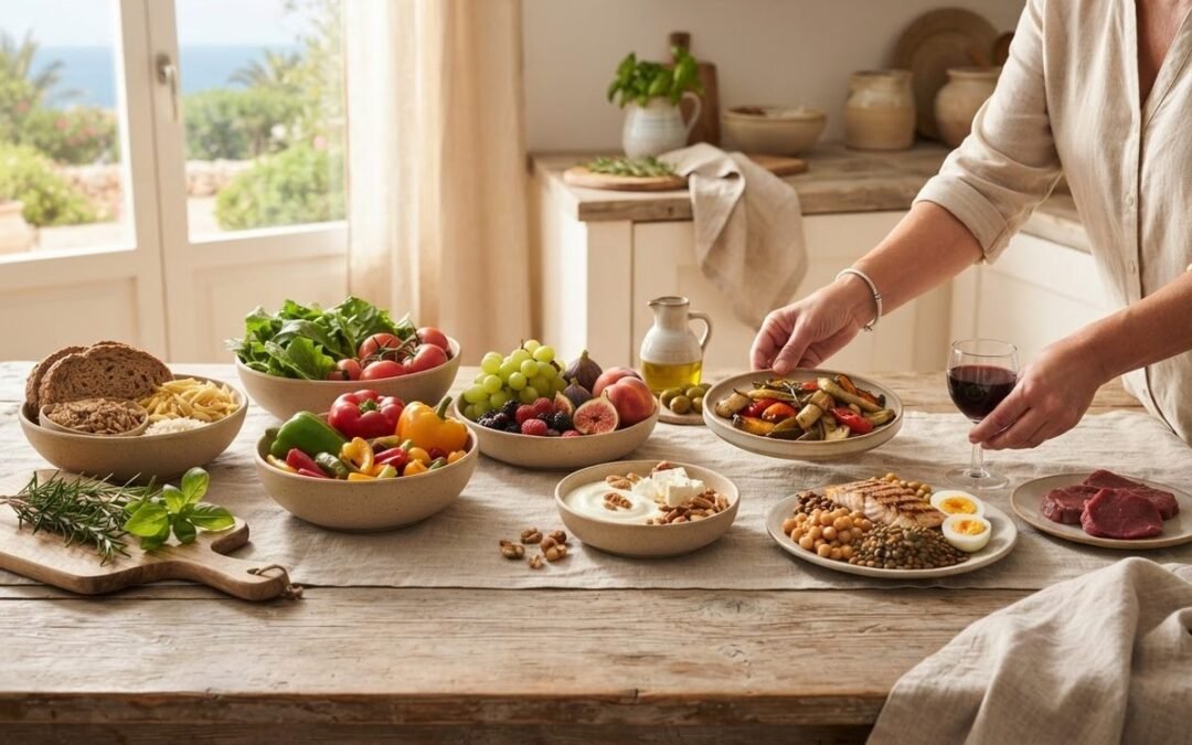 Table of salad, peppers, grapes, figs, yogurt, chickpeas and eggs for Mediterranean diet servings per day