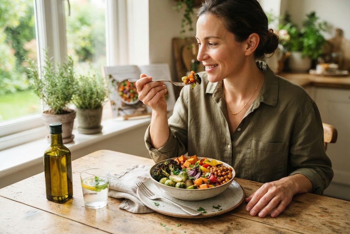 Smiling woman eating roasted vegetables and chickpeas from a bowl at a wooden table by a sunny kitchen window.
