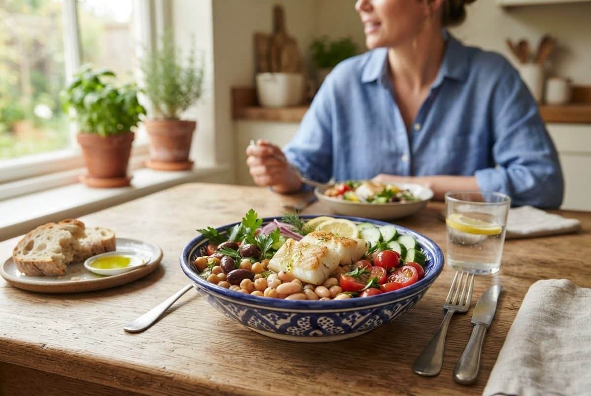 Blue patterned bowl with white beans, baked fish, cherry tomatoes, cucumber, olives and lemon on a wooden table