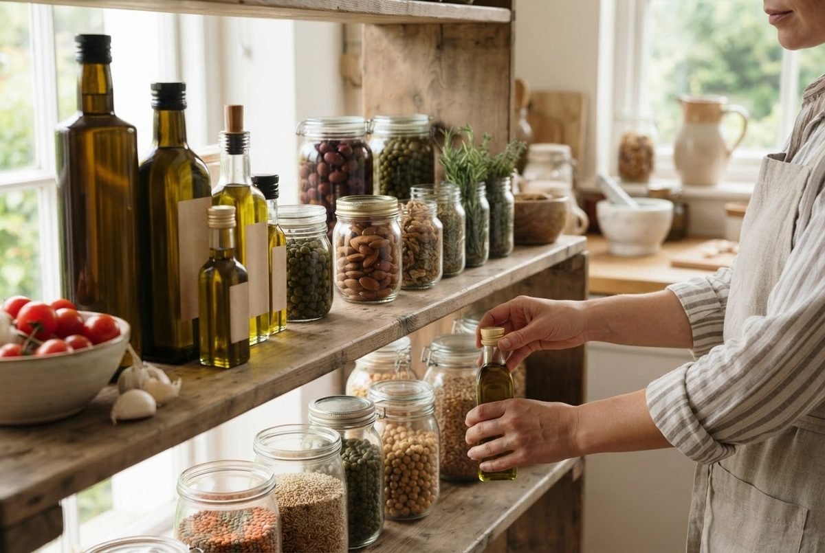 Hand holding a small olive oil bottle beside shelves of olive oil, legumes, nuts and grains in glass jars