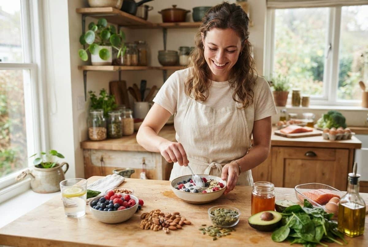 Smiling woman topping a bowl with berries and seeds; nuts, avocado, spinach and salmon on a kitchen counter.