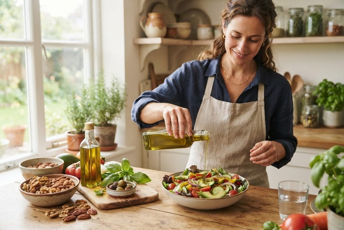 Woman in an apron pouring olive oil over a fresh vegetable salad, with nuts, olives and basil on a kitchen table.