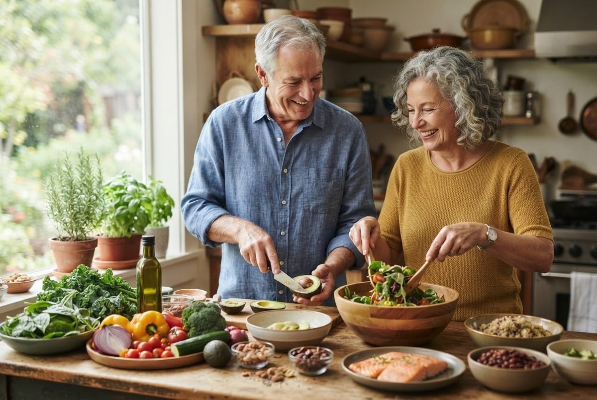 Smiling older couple preparing a colorful salad with avocado, leafy greens, salmon and beans in a sunny kitchen