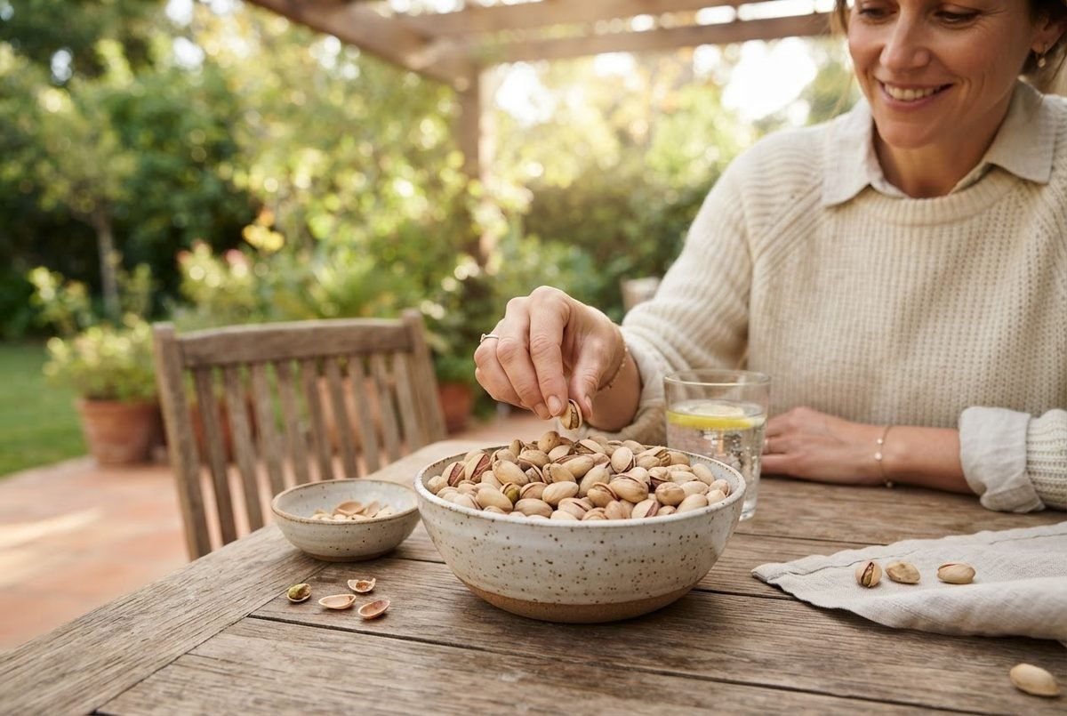 Smiling woman in a cream sweater snacking on pistachios from a speckled bowl at a garden table.