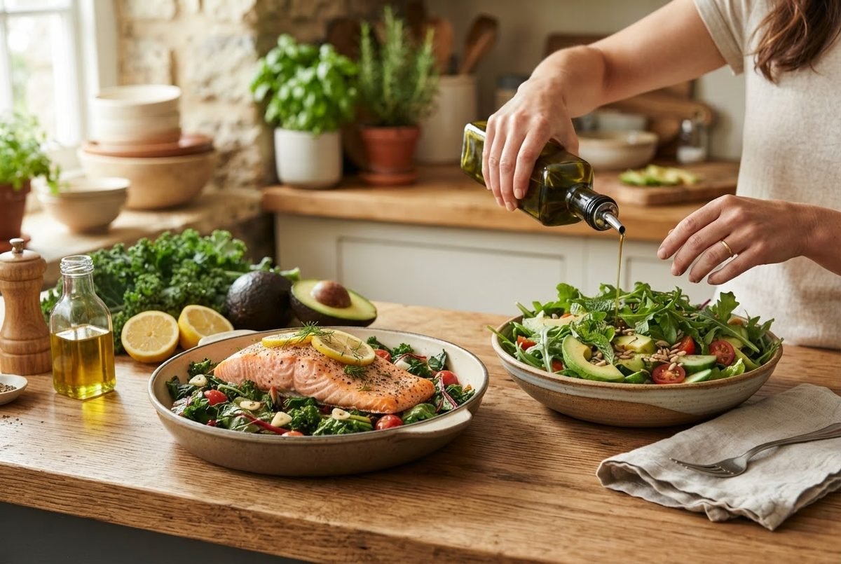 Salmon on leafy greens with lemon slices, beside an olive oil bottle and avocado; hand pouring oil over a salad.