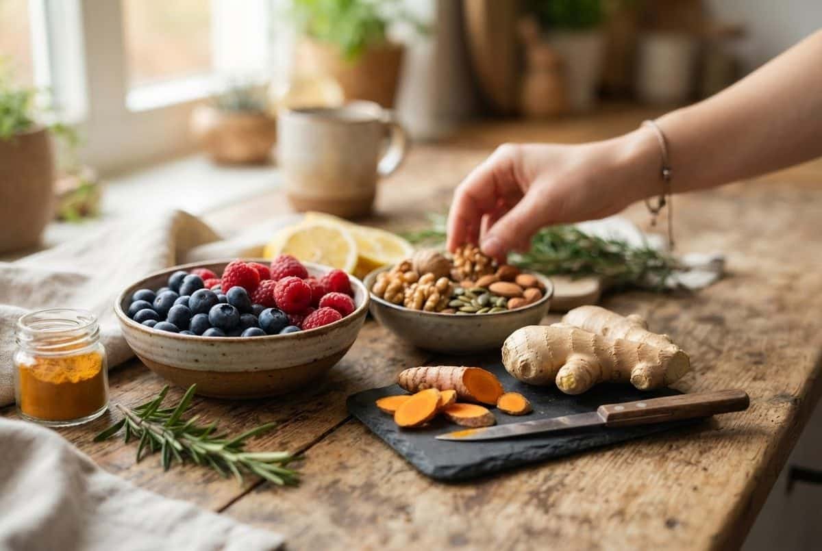 Blueberries, raspberries and mixed nuts in bowls, with fresh ginger and sliced turmeric on a wooden table