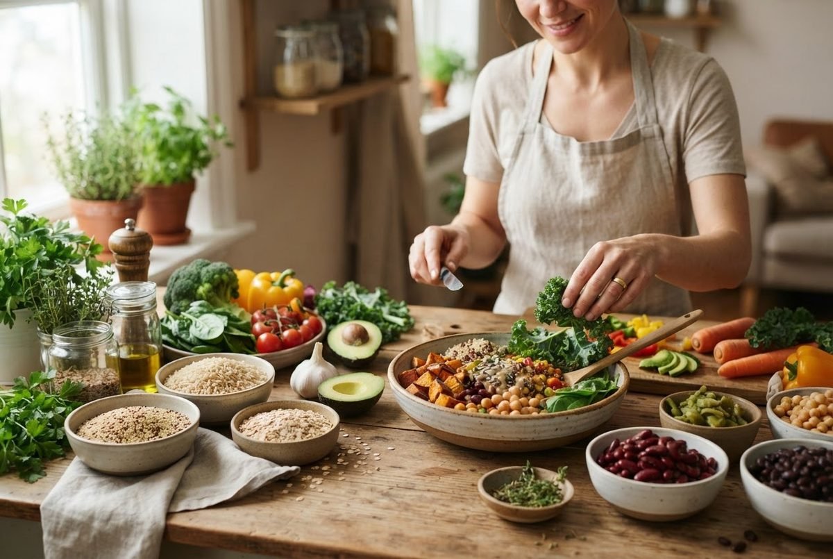Woman in apron preparing a grain bowl with chickpeas, sweet potato and kale on a wooden table beside beans and avocado.