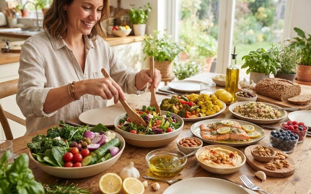 Woman tossing salad beside salmon, hummus, nuts, berries and olive oil: top 20 anti inflammatory foods