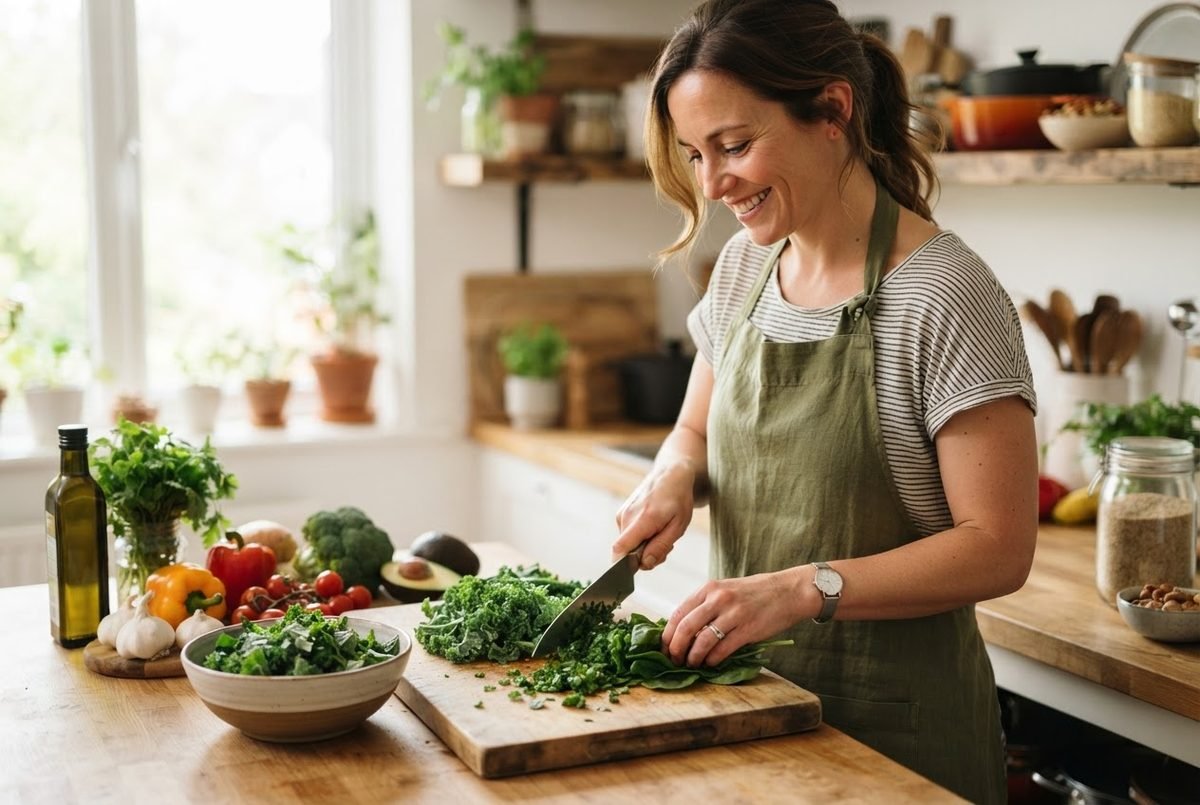 Smiling woman in green apron chopping leafy greens on a wooden board, with tomatoes and peppers nearby