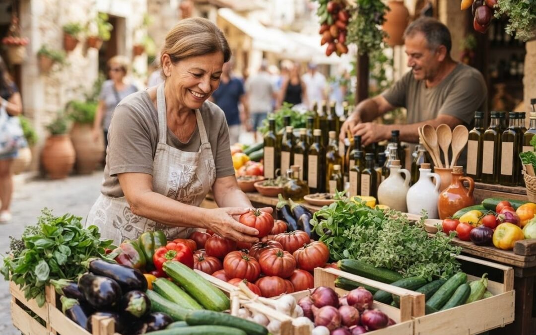 Market vendor arranging tomatoes beside olive oil bottles and fresh vegetables, showing what is a cardioprotective diet